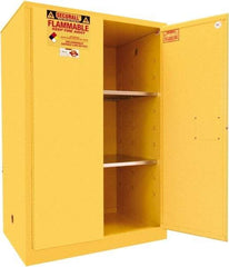 Securall Cabinets - 2 Door, 2 Shelf, Yellow Steel Standard Safety Cabinet for Flammable and Combustible Liquids - 65" High x 43" Wide x 31" Deep, Manual Closing Door, 3 Point Key Lock, 90 Gal Capacity - Americas Tooling