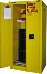 Securall Cabinets - 31" Wide x 31" Deep x 67" High, 18 Gauge Steel Vertical Drum Cabinet with 3 Point Key Lock - Yellow, Self-Closing Door, 1 Shelf, 1 Drum, Drum Rollers Included - Americas Tooling