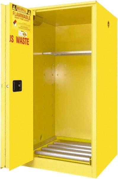 Securall Cabinets - 34" Wide x 34" Deep x 65" High, 18 Gauge Steel Vertical Drum Cabinet with 3 Point Key Lock - Yellow, Self-Closing Door, 1 Shelf, 1 Drum, Drum Rollers Included - Americas Tooling