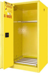 Securall Cabinets - 34" Wide x 34" Deep x 65" High, 18 Gauge Steel Vertical Drum Cabinet with 3 Point Key Lock - Yellow, Self-Closing Door, 1 Shelf, 1 Drum, Drum Rollers Included - Americas Tooling