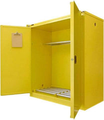 Securall Cabinets - 56" Wide x 31" Deep x 67" High, 18 Gauge Steel Vertical Drum Cabinet with 3 Point Key Lock - Yellow, Self-Closing Door, 1 Shelf, 2 Drums, Drum Rollers Included - Americas Tooling