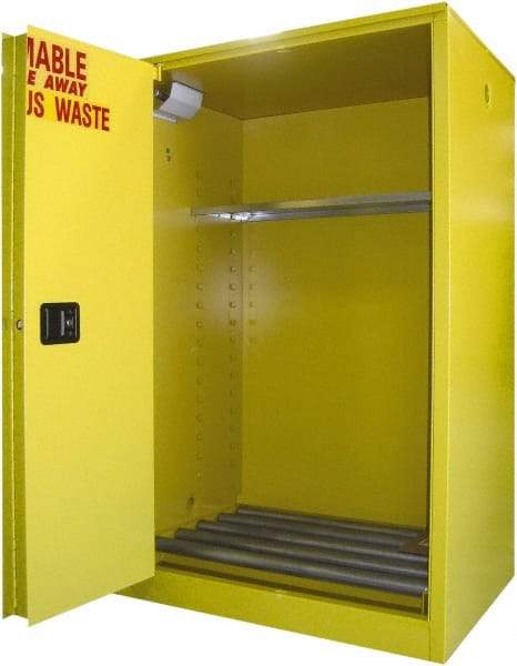 Securall Cabinets - 43" Wide x 31" Deep x 65" High, 18 Gauge Steel Vertical Drum Cabinet with 3 Point Key Lock - Yellow, Self-Closing Door, 1 Shelf, 2 Drums, Drum Rollers Included - Americas Tooling