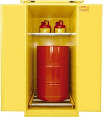 Securall Cabinets - 31" Wide x 31" Deep x 67" High, 18 Gauge Steel Vertical Drum Cabinet with 3 Point Key Lock - Yellow, Self-Closing Door, 1 Shelf, 1 Drum, Drum Rollers Included - Americas Tooling