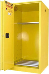 Securall Cabinets - 34" Wide x 34" Deep x 65" High, 18 Gauge Steel Vertical Drum Cabinet with 3 Point Key Lock - Yellow, Sliding Door Door, 1 Shelf, 1 Drum, Drum Rollers Included - Americas Tooling