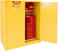 Securall Cabinets - 56" Wide x 31" Deep x 65" High, 18 Gauge Steel Vertical Drum Cabinet with 3 Point Key Lock - Yellow, Manual Closing Door, 3 Shelves, 1 Drum, Drum Rollers Included - Americas Tooling