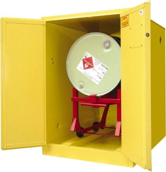 Securall Cabinets - 34" Wide x 50" Deep x 50" High, 18 Gauge Steel Horizontal Drum Cabinet with 3 Point Key Lock - Yellow, Manual Closing Door, 1 Drum - Americas Tooling