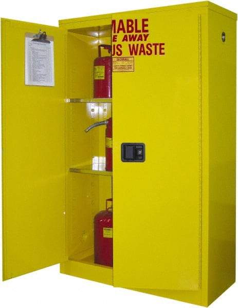 Securall Cabinets - 2 Door, 2 Shelf, Yellow Steel Standard Safety Cabinet for Flammable and Combustible Liquids - 65" High x 43" Wide x 18" Deep, Manual Closing Door, 3 Point Key Lock, 45 Gal Capacity - Americas Tooling