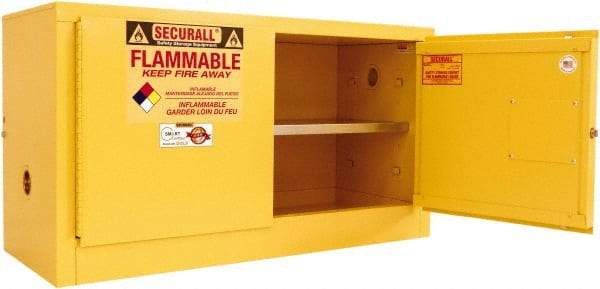 Securall Cabinets - 2 Door, 1 Shelf, Yellow Steel Stackable Safety Cabinet for Flammable and Combustible Liquids - 26" High x 43" Wide x 18" Deep, Self Closing Door, 3 Point Key Lock, 18 Gal Capacity - Americas Tooling