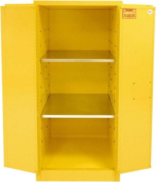 Securall Cabinets - 2 Door, 2 Shelf, Yellow Steel Standard Safety Cabinet for Flammable and Combustible Liquids - 65" High x 31" Wide x 31" Deep, Manual Closing Door, 3 Point Key Lock, 60 Gal Capacity - Americas Tooling