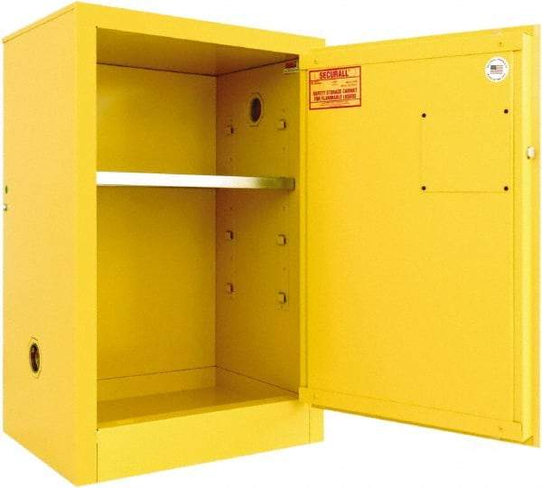 Securall Cabinets - 1 Door, 1 Shelf, Yellow Steel Standard Safety Cabinet for Flammable and Combustible Liquids - 35" High x 24" Wide x 18" Deep, Manual Closing Door, 3 Point Key Lock, 12 Gal Capacity - Americas Tooling