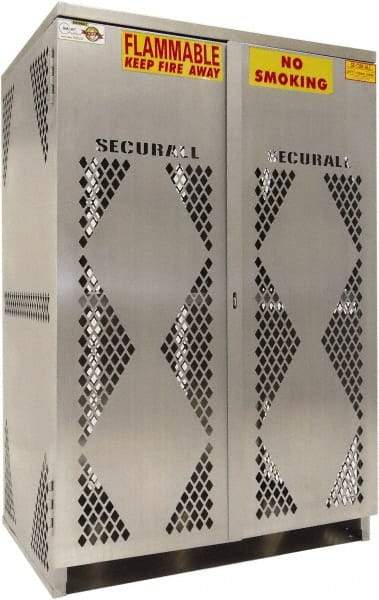 Securall Cabinets - 2 Door, 4 Shelf, Silver Aluminum Standard Safety Cabinet for Flammable and Combustible Liquids - 65" High x 60" Wide x 32" Deep, Manual Closing Door, Padlockable Hasp, 20 or 33 Lb Cylinder Capacity - Americas Tooling