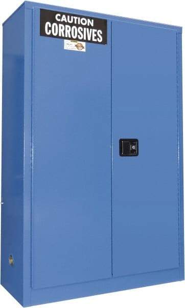 Securall Cabinets - 2 Door, 2 Shelf, Blue Steel Standard Safety Cabinet for Corrosive Chemicals - 65" High x 43" Wide x 18" Deep, Manual Closing Door, 3 Point Key Lock, 45 Gal Capacity - Americas Tooling