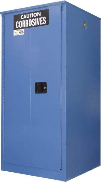 Securall Cabinets - 2 Door, 2 Shelf, Blue Steel Standard Safety Cabinet for Corrosive Chemicals - 65" High x 34" Wide x 34" Deep, Sliding Door, 3 Point Key Lock, 60 Gal Capacity - Americas Tooling