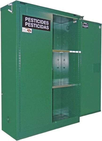 Securall Cabinets - 2 Door, 2 Shelf, Green Steel Standard Safety Cabinet for Flammable and Combustible Liquids - 67" High x 43" Wide x 18" Deep, Self Closing Door, 3 Point Key Lock, 45 Gal Capacity - Americas Tooling