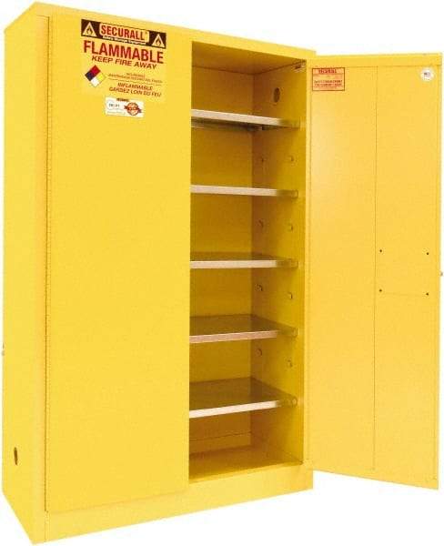 Securall Cabinets - 2 Door, 5 Shelf, Yellow Steel Standard Safety Cabinet for Flammable and Combustible Liquids - 65" High x 43" Wide x 18" Deep, Manual Closing Door, 3 Point Key Lock, 60 Gal Capacity - Americas Tooling