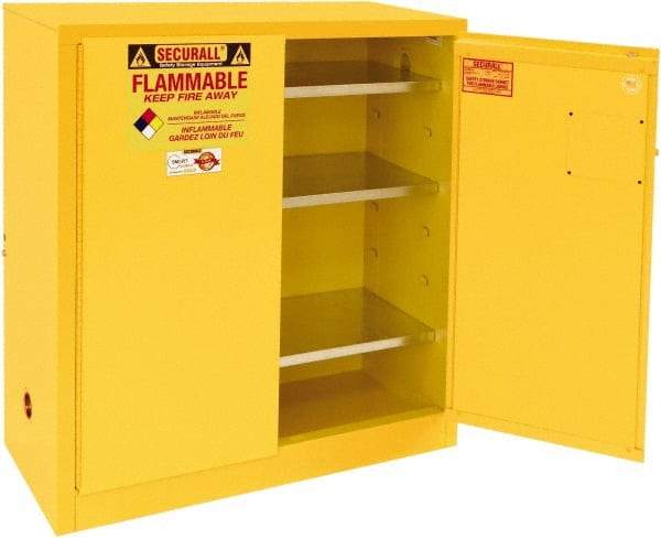 Securall Cabinets - 2 Door, 3 Shelf, Yellow Steel Standard Safety Cabinet for Flammable and Combustible Liquids - 44" High x 43" Wide x 18" Deep, Manual Closing Door, 3 Point Key Lock, 40 Gal Capacity - Americas Tooling