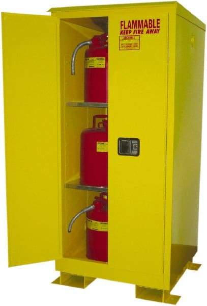 Securall Cabinets - 2 Door, 2 Shelf, Yellow Steel Standard Safety Cabinet for Flammable and Combustible Liquids - 69" High x 31" Wide x 31" Deep, Manual Closing Door, 3 Point Key Lock, 60 Gal Capacity - Americas Tooling