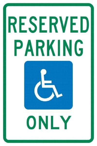 NMC - "Reserved Parking Only", "Handicap Symbol", 12" Wide x 18" High, Aluminum ADA Signs - 0.04" Thick, Green & Blue on White, Rectangle, Post Mount - Americas Tooling