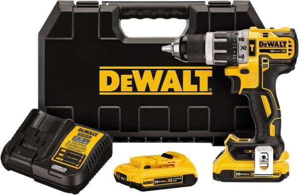 DeWALT - 20 Volt 1/2" Metal Single Sleeve w Carbide Jaws Ratcheting Chuck Chuck Cordless Hammer Drill - 0 to 34,000 BPM, 0 to 500 & 0 to 2,000 RPM, Reversible, Mid-Handle - Americas Tooling