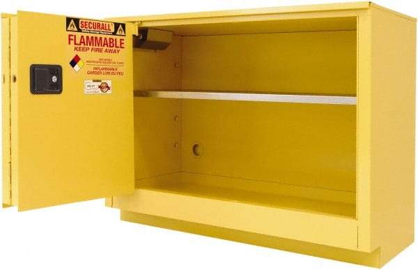 Securall Cabinets - 2 Door, 1 Shelf, Yellow Steel Under the Counter Safety Cabinet for Flammable and Combustible Liquids - 35-5/8" High x 59" Wide x 22" Deep, Sliding Door, 3 Point Key Lock, 44 Gal Capacity - Americas Tooling