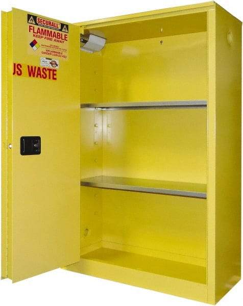 Securall Cabinets - 2 Door, 2 Shelf, Yellow Steel Standard Safety Cabinet for Flammable and Combustible Liquids - 65" High x 43" Wide x 18" Deep, Sliding Door, 3 Point Key Lock, 45 Gal Capacity - Americas Tooling