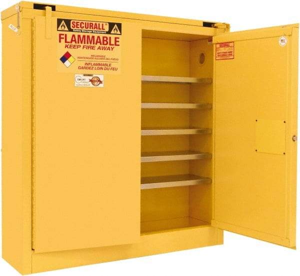 Securall Cabinets - 2 Door, 5 Shelf, Yellow Steel Wall Mount Safety Cabinet for Flammable and Combustible Liquids - 46" High x 43" Wide x 12" Deep, Self Closing Door, 3 Point Key Lock, 24 Gal Capacity - Americas Tooling