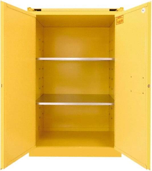 Securall Cabinets - 2 Door, 2 Shelf, Yellow Steel Standard Safety Cabinet for Flammable and Combustible Liquids - 67" High x 43" Wide x 31" Deep, Self Closing Door, 3 Point Key Lock, 90 Gal Capacity - Americas Tooling