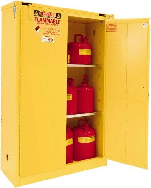 Securall Cabinets - 2 Door, 2 Shelf, Yellow Steel Standard Safety Cabinet for Flammable and Combustible Liquids - 67" High x 43" Wide x 18" Deep, Self Closing Door, 3 Point Key Lock, 45 Gal Capacity - Americas Tooling