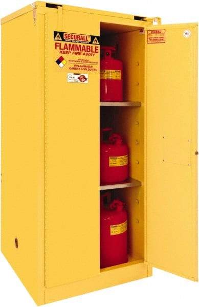 Securall Cabinets - 2 Door, 2 Shelf, Yellow Steel Standard Safety Cabinet for Flammable and Combustible Liquids - 67" High x 31" Wide x 31" Deep, Self Closing Door, 3 Point Key Lock, 60 Gal Capacity - Americas Tooling