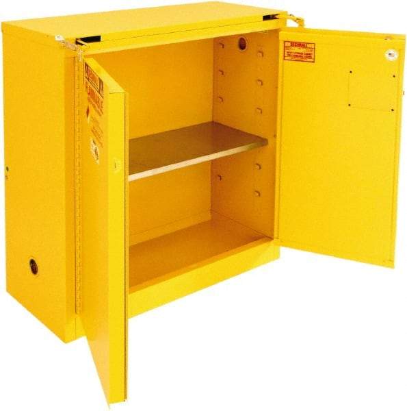 Securall Cabinets - 2 Door, 1 Shelf, Yellow Steel Standard Safety Cabinet for Flammable and Combustible Liquids - 46" High x 43" Wide x 18" Deep, Self Closing Door, 3 Point Key Lock, 30 Gal Capacity - Americas Tooling