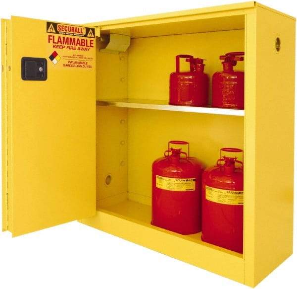 Securall Cabinets - 2 Door, 2 Shelf, Yellow Steel Standard Safety Cabinet for Flammable and Combustible Liquids - 65" High x 43" Wide x 18" Deep, Sliding Door, 3 Point Key Lock, 45 Gal Capacity - Americas Tooling