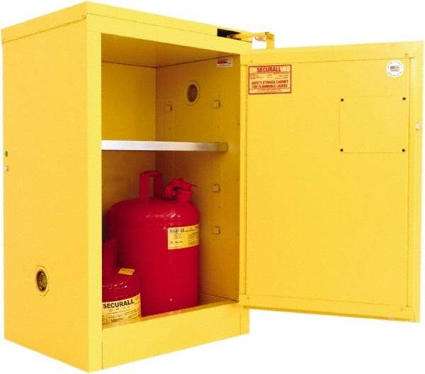 Securall Cabinets - 1 Door, 1 Shelf, Yellow Steel Standard Safety Cabinet for Flammable and Combustible Liquids - 37" High x 24" Wide x 18" Deep, Self Closing Door, 3 Point Key Lock, 12 Gal Capacity - Americas Tooling