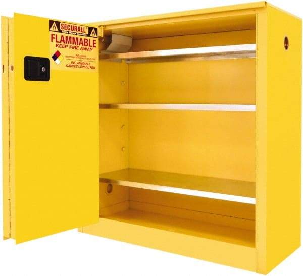 Securall Cabinets - 2 Door, 3 Shelf, Yellow Steel Standard Safety Cabinet for Flammable and Combustible Liquids - 44" High x 43" Wide x 18" Deep, Sliding Door, 3 Point Key Lock, 40 Gal Capacity - Americas Tooling