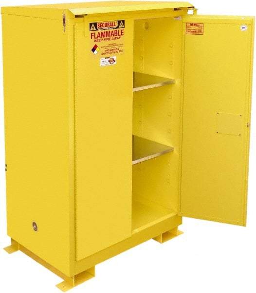 Securall Cabinets - 2 Door, 2 Shelf, Yellow Steel Standard Safety Cabinet for Flammable and Combustible Liquids - 71" High x 43" Wide x 31" Deep, Self Closing Door, 3 Point Key Lock, 90 Gal Capacity - Americas Tooling