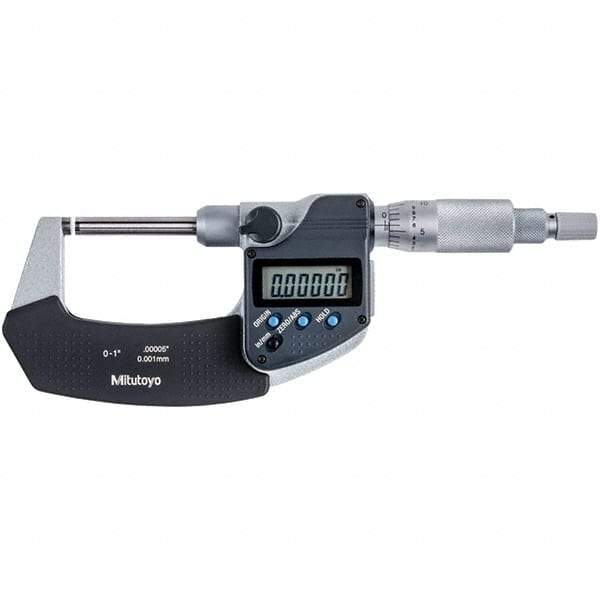 Mitutoyo - 0 to 1" Range, 0.00005" Resolution, Non-Rotating Throat Electronic Outside Micrometer - 0.00015" Accuracy, Ratchet Stop Thimble, Carbide-Tipped Face, SR44 Battery - Americas Tooling