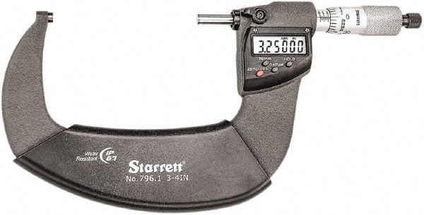 Starrett - Standard Throat IP67 Electronic Outside Micrometer - Ratchet Stop Thimble, Carbide Face, CR2032 Battery - Americas Tooling