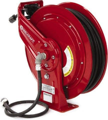 Reelcraft - 12 AWG, 100' Cable Length, Cord & Cable Reel with Outlet End - 1 Outlet, NEMA 5-15R, 15 Amps, 125 Volts, SEOOW Cable, Red Reel, Spring Driven Reel - Americas Tooling