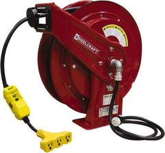 Reelcraft - 12 AWG, 100' Cable Length, Cord & Cable Reel with Triple-Tap with GFCI End - 3 Outlets, NEMA 5-15R, 15 Amps, 125 Volts, SEOOW Cable, Red Reel, Spring Driven Reel - Americas Tooling