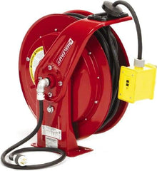 Reelcraft - 12 AWG, 100' Cable Length, Cord & Cable Reel with Duplex GFCI Outlet Box End - 2 Outlets, NEMA 5-20R, 20 Amps, 125 Volts, SEOOW Cable, Red Reel, Spring Driven Reel - Americas Tooling