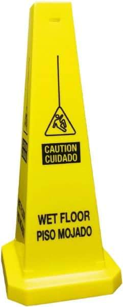 PRO-SAFE - Caution - Cuidado - Wet Floor - Piso Mojado, 10-1/2" Wide x 25-3/4" High, Polyethylene Floor Sign - English/Spanish, Cone, Black on Yellow, For Accident Prevention - Americas Tooling