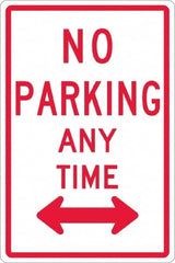 NMC - "No Parking Anytime", "Double Arrow", 12" Wide x 18" High, Aluminum No Parking & Tow Away Signs - 0.063" Thick, Red on White, Rectangle, Post Mount - Americas Tooling