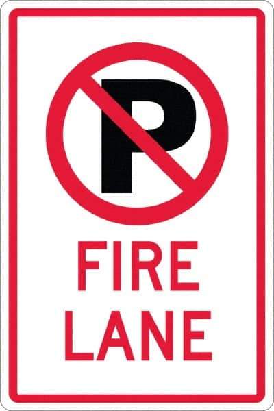 NMC - "Fire Lane", "Strike on P", 12" Wide x 18" High, Aluminum No Parking & Tow Away Signs - 0.08" Thick, Red & Black on White, High Intensity Reflectivity, Rectangle, Post Mount - Americas Tooling