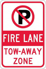 NMC - "Fire Lane Tow-Away Zone", "Strike on P", 12" Wide x 18" High, Aluminum No Parking & Tow Away Signs - 0.08" Thick, Red & Black on White, High Intensity Reflectivity, Rectangle, Post Mount - Americas Tooling