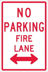 NMC - "No Parking - Fire Lane", "Double Arrow", 12" Wide x 18" High, Aluminum No Parking & Tow Away Signs - 0.08" Thick, Red on White, High Intensity Reflectivity, Rectangle, Post Mount - Americas Tooling