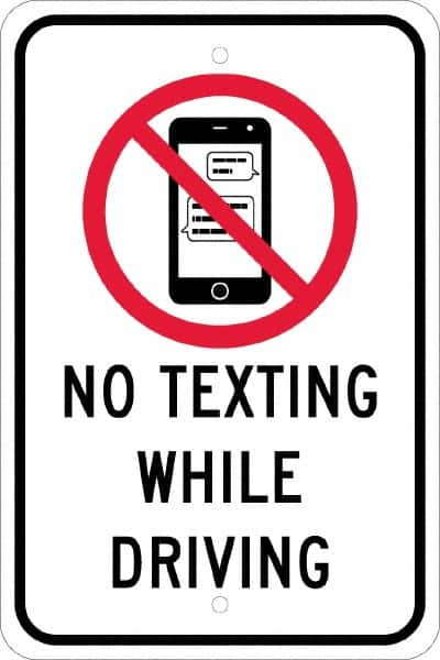 NMC - "No Texting While Driving", "Strike on Cell Phone", 12" Wide x 18" High, Aluminum Warning & Safety Reminder Signs - 0.08" Thick, Red & Black on White, Engineer Grade Reflectivity, Rectangle, Post Mount - Americas Tooling