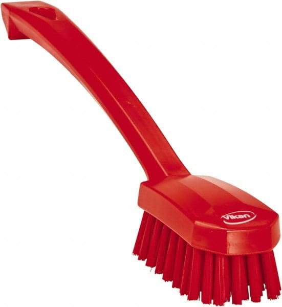 Vikan - 0.8" Bristle Length, Polyester Food Service Brush - 3" Long x 1.6" Wide Head, 10.2" OAL, Ergonomic Handle, Red, Polypropylene Block - Americas Tooling