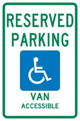 NMC - "Reserved Parking Van Accessible", "Handicap Symbol", 12" Wide x 18" High, Aluminum ADA Signs - 0.04" Thick, Green & Blue on White, Rectangle, Post Mount - Americas Tooling