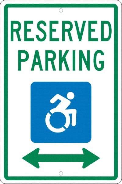 NMC - "Reserved Parking", "Handicap Symbol", 12" Wide x 18" High, Aluminum ADA Signs - 0.063" Thick, Green & Blue on White, Rectangle, Post Mount - Americas Tooling