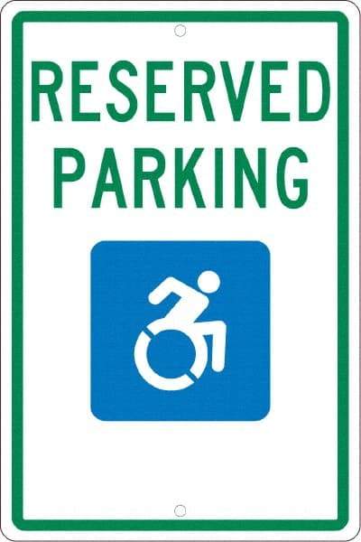 NMC - "Reserved Parking", "Handicap Symbol", 12" Wide x 18" High, Aluminum ADA Signs - 0.063" Thick, Green & Blue on White, Rectangle, Post Mount - Americas Tooling