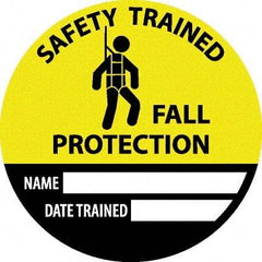 NMC - Safety Trained Fall Protection - Name ____ Date Trained ____, Hard Hat Label - Round, Yellow, Black, White, 0.004" Thick, Indoor or Outdoor, Adhesive Backed, For Accident Prevention - Americas Tooling